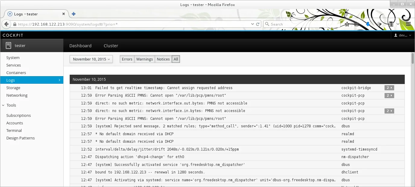 Cockpit 0.83 on Debian - Journal