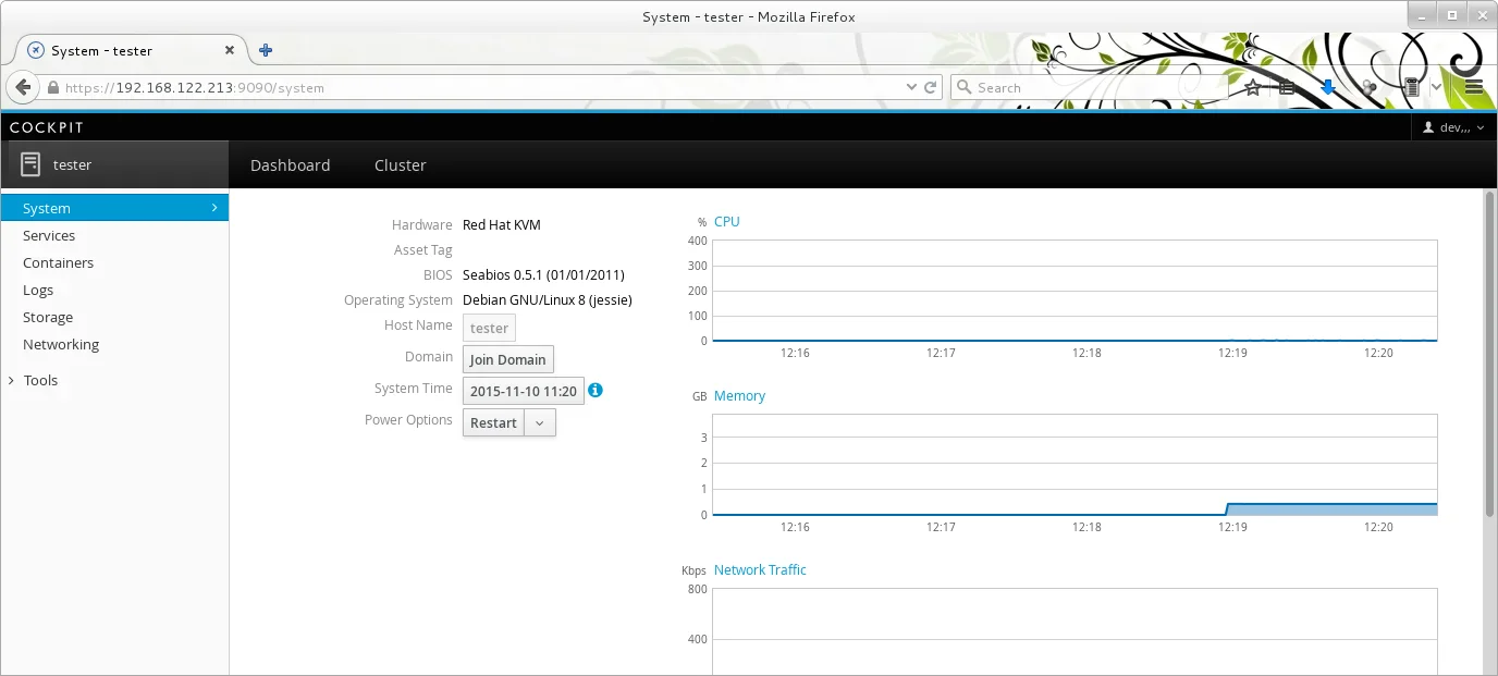 Cockpit 0.83 on Debian - System overview